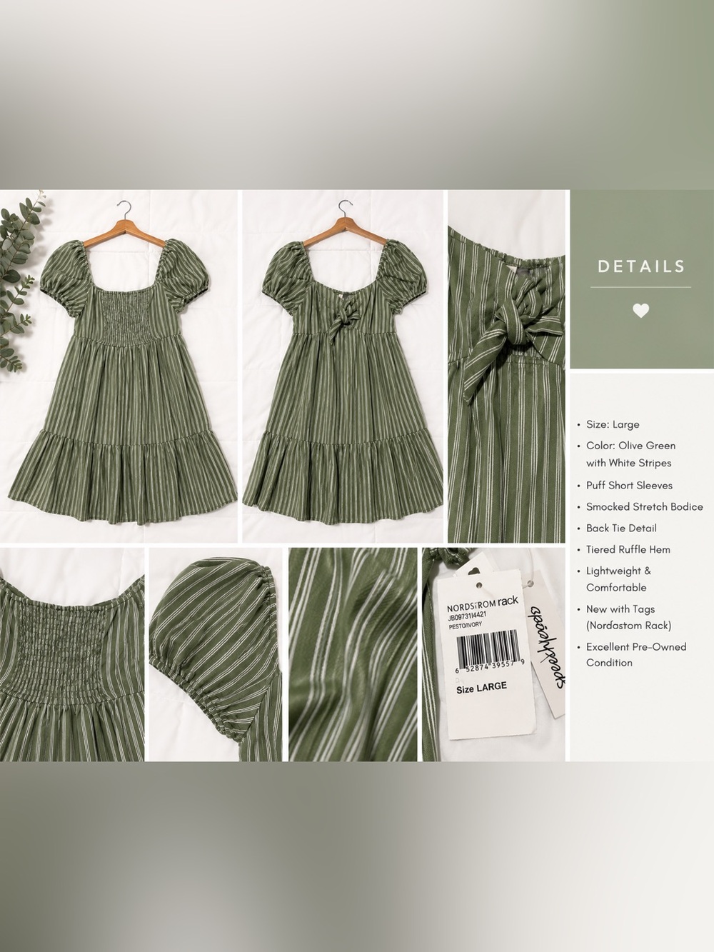 Nordstrom Olive Green and White Striped Tie-Front Women’s Dress